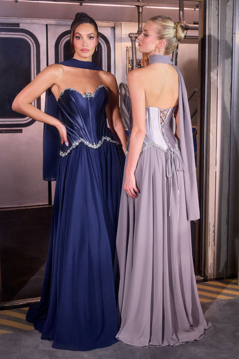 Ladivine CD668 satin chiffon strapless a-line gown — product view