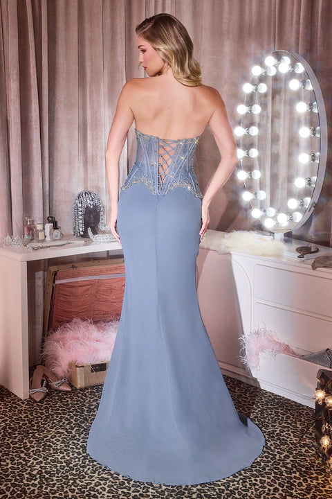 Ladivine CD669 beaded fitted strapless slit gown — back view