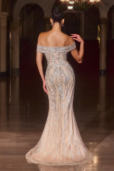 Ladivine CD674 beaded fitted off shoulder gown — back view