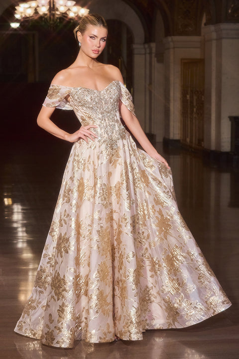Ladivine CD682 Jacquard Off-Shoulder Ball Gown with Regal Elegance