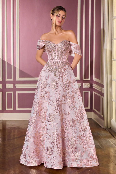 Ladivine CD682 Jacquard Off-Shoulder Ball Gown with Regal Elegance