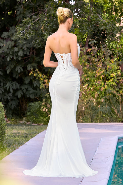 Ladivine CD683W white lace fitted strapless gown — back view