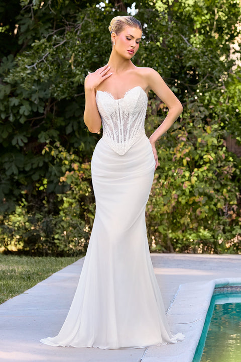 Ladivine CD683W white lace fitted strapless gown — front view