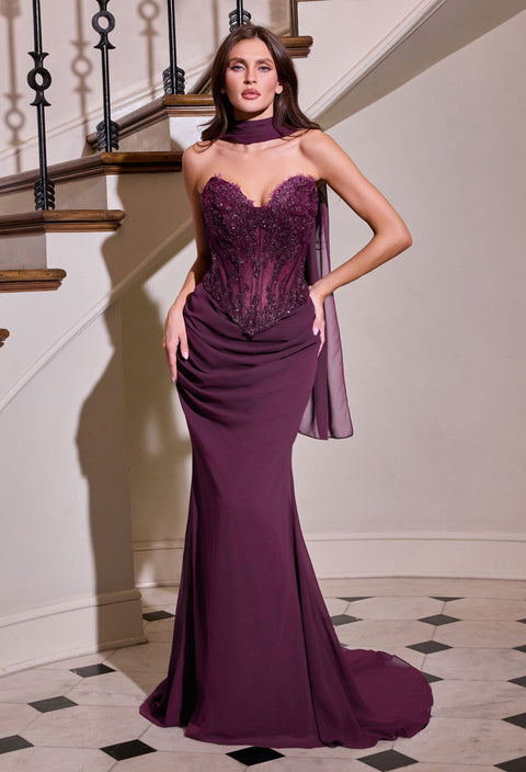 Ladivine CD683 fitted lace bodice strapless gown — front view