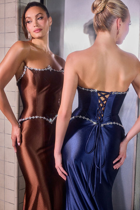 Ladivine CD687 Beaded Fitted Satin Strapless Gown with Elegant Silhouette
