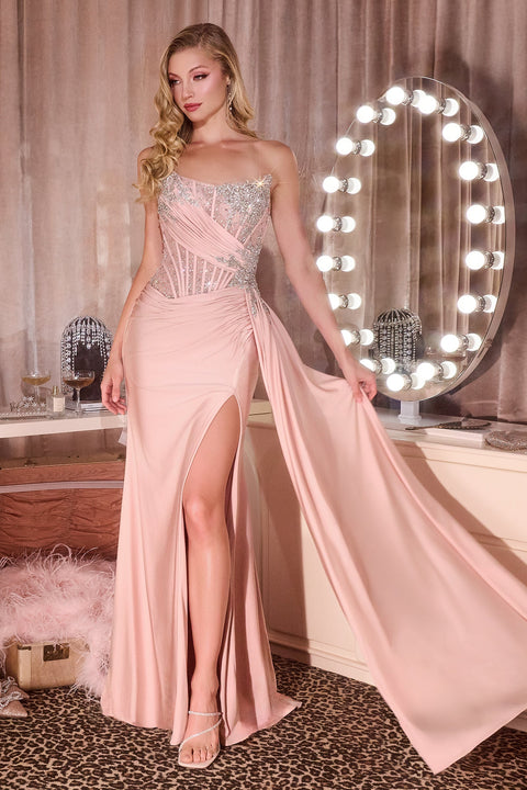 Ladivine CD689 Beaded Satin Strapless Gown with Elegant Slit