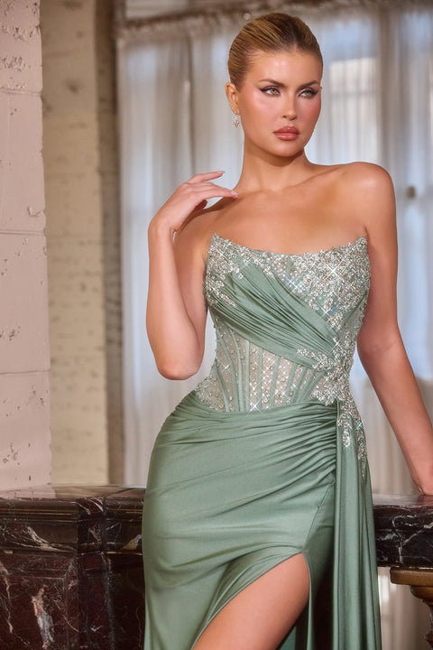 Ladivine CD689 Beaded Satin Strapless Gown with Elegant Slit