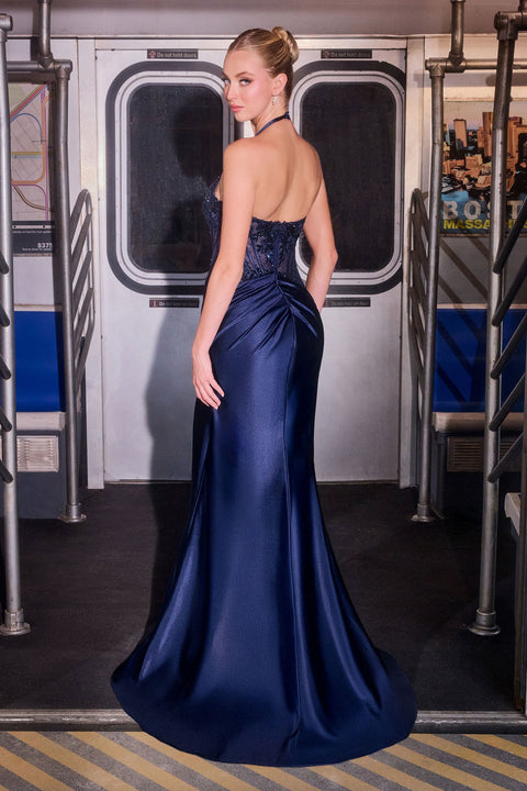 Ladivine CD690 Satin Halter Gown with Appliqué and Elegant Slit