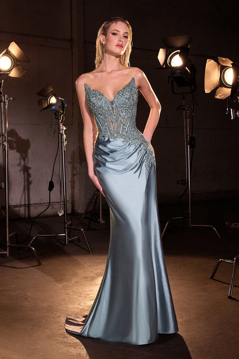 Ladivine CD714 Satin Strapless Appliqué Gown with Fitted Silhouette