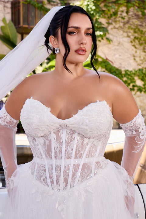 Ladivine CD717W white strapless glove gown — product view