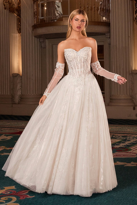 Ladivine CD717W white strapless glove gown — front view