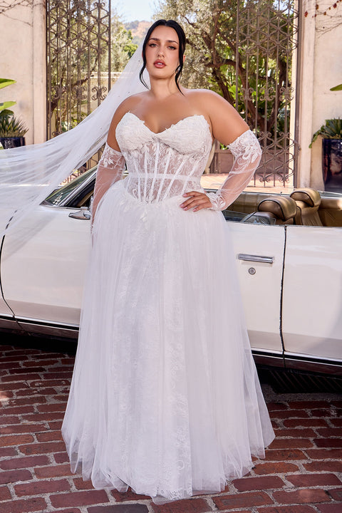 Ladivine CD717W white strapless glove gown — front view