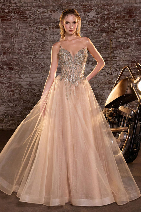 Ladivine CD721 Beaded Strapless A-Line Gown with Graceful Silhouette