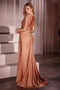 Ladivine CD788 Beaded Satin Long-Sleeve Gown with Slit