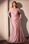 Ladivine CD790 Satin Fitted Off-Shoulder Gown with Side Slit