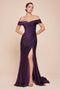 Ladivine CD790 Satin Fitted Off-Shoulder Gown with Side Slit