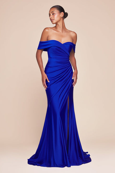 Ladivine CD790 Satin Fitted Off-Shoulder Gown with Side Slit