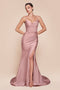 Ladivine CD791 Satin Fitted Strapless Gown with Pointed V-Neck