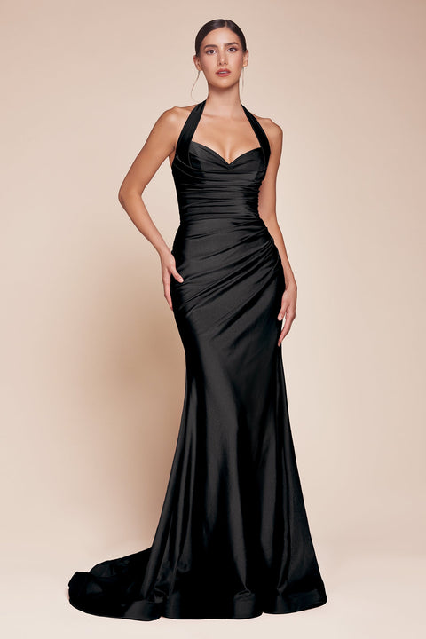 Ladivine CD796 Satin Fitted Long Halter Gown with Side Slit