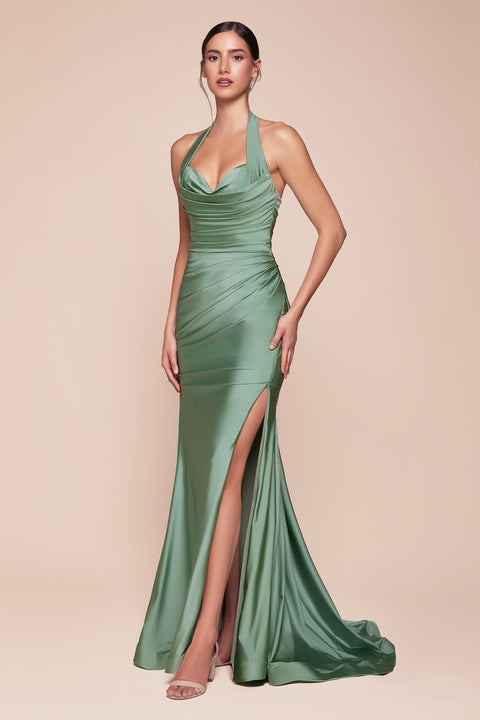 Ladivine CD796 Satin Fitted Long Halter Gown with Side Slit