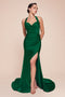 Ladivine CD796 Satin Fitted Long Halter Gown with Side Slit