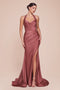 Ladivine CD796 Satin Fitted Long Halter Gown with Side Slit