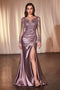 Ladivine CDS505 Appliqué Satin Long-Sleeve Gown with Slit