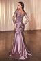 Ladivine CDS505 Appliqué Satin Long-Sleeve Gown with Slit