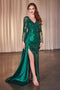 Ladivine CDS506 Appliqué Satin Long-Sleeve Gown with Slit