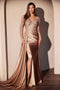 Ladivine CDS506 Appliqué Satin Long-Sleeve Gown with Slit