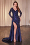 Ladivine CDS506 Appliqué Satin Long-Sleeve Gown with Slit