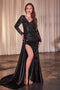 Ladivine CDS506 Appliqué Satin Long-Sleeve Gown with Slit