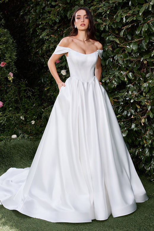 White Ladivine CDS513W Satin Off-Shoulder Bridal Ball Gown with Sweep Train and Side Pockets by Ladivine by Cinderella Divine