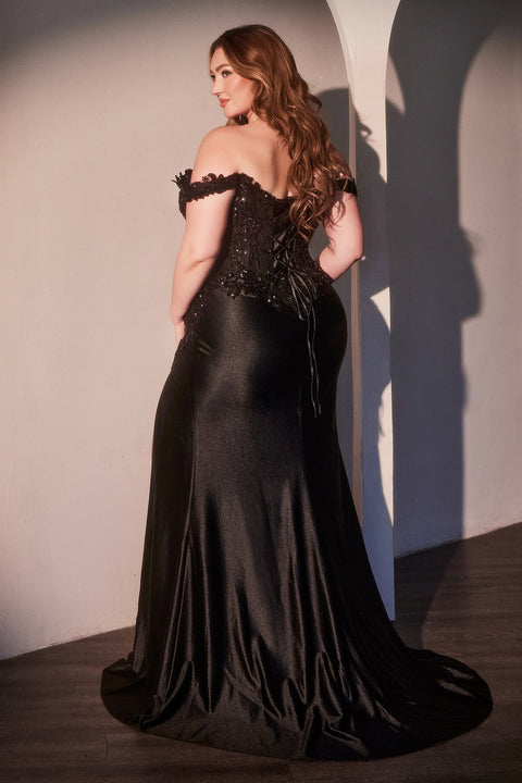 Ladivine CDS537C plus size satin off shoulder gown — back view