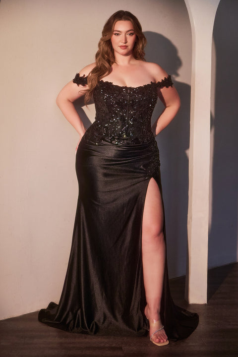 Ladivine CDS537C plus size satin off shoulder gown — front view