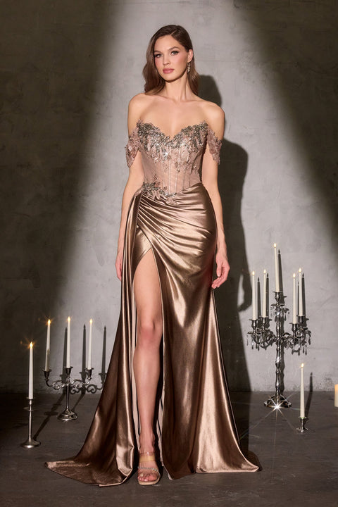 Ladivine CDS554 Beaded Off-Shoulder Gown with Elegant Slit