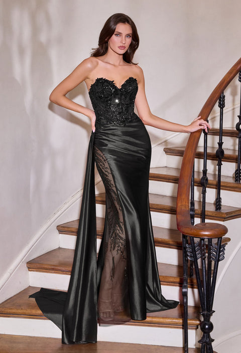 Ladivine CDS565 satin strapless sheer slit gown — front view
