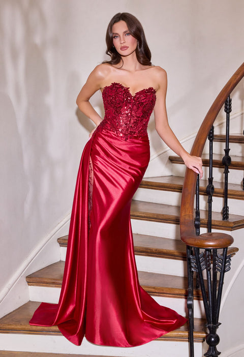 Ladivine CDS565 satin strapless sheer slit gown — front view
