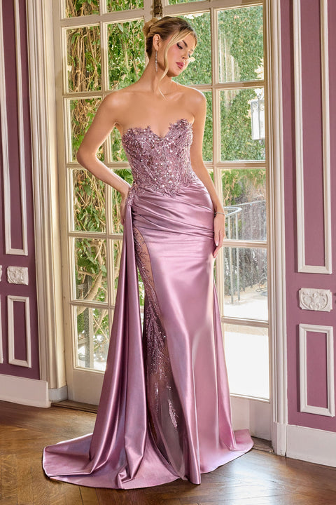 Ladivine CDS565 satin strapless sheer slit gown — back view