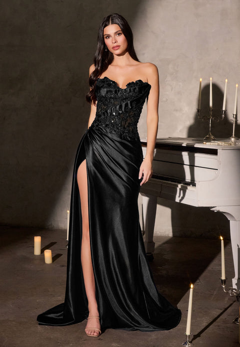 Ladivine CDS567 applique satin strapless slit gown — front view