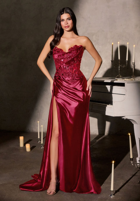 Ladivine CDS567 applique satin strapless slit gown — front view