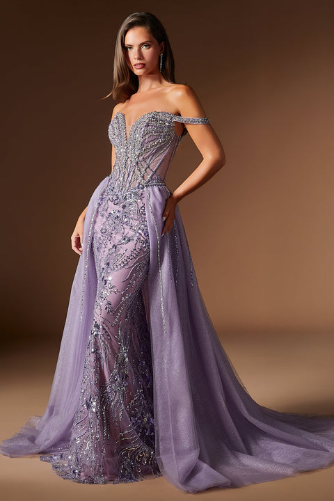 Ladivine CDS570 beaded off shoulder overskirt gown — product view