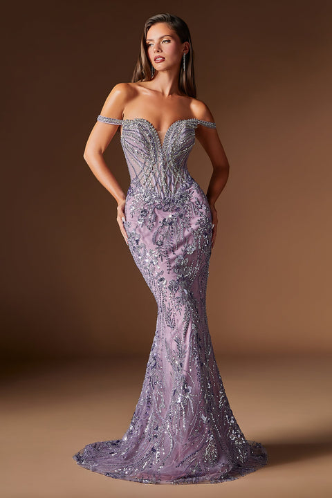 Ladivine CDS570 beaded off shoulder overskirt gown — product view