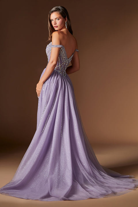 Ladivine CDS570 beaded off shoulder overskirt gown — back view