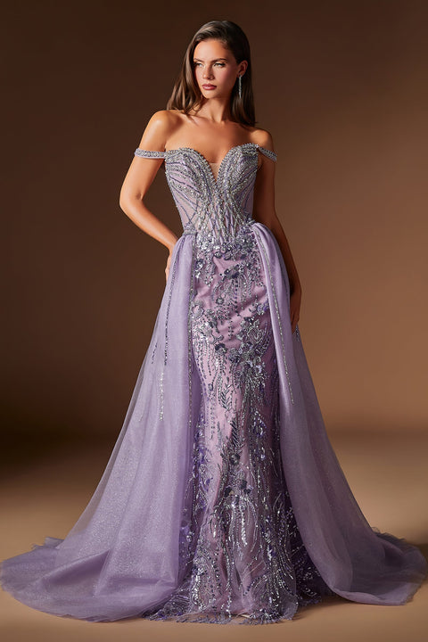 Ladivine CDS570 beaded off shoulder overskirt gown — front view