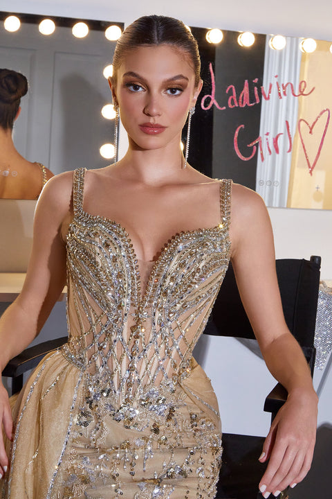 Ladivine CDS570 beaded off shoulder overskirt gown — product view