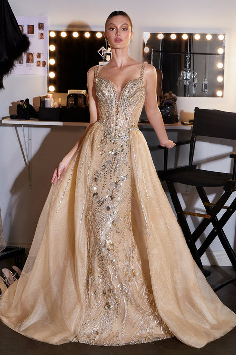 Ladivine CDS570 beaded off shoulder overskirt gown — front view