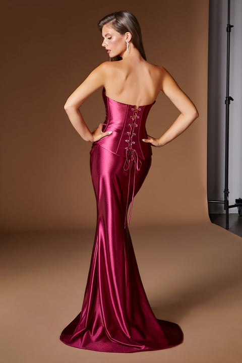 Ladivine CH2602 satin fitted strapless 2-piece gown — back view