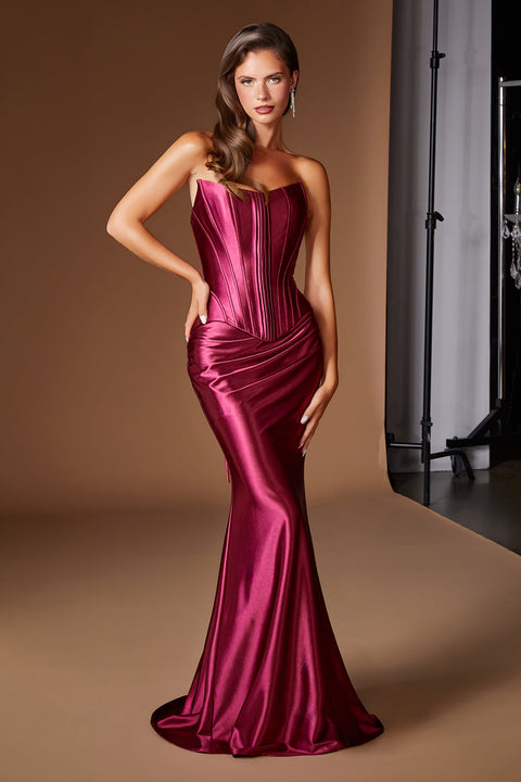 Ladivine CH2602 satin fitted strapless 2-piece gown — front view