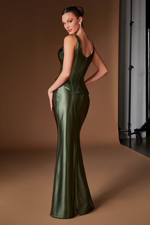Ladivine CH2604 satin fitted sleeveless gown — back view